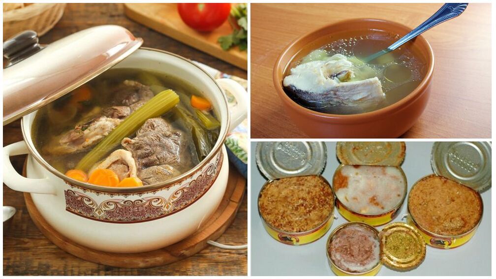 Forbidden foods for gout - rich broths of meat and fish, canned food